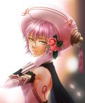  .hack//g.u. .hack//roots 1girl ag1eam bare_shoulders bust detached_sleeves flower gloves green_eyes hair_flower hair_ornament hat open_back pink_hair red_rose rose shino shino_(.hack//) short_hair solo tattoo 