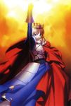  armor armored_dress blonde_hair cape crown dress excalibur fate/stay_night fate_(series) faulds gauntlets green_eyes highres saber scan solo sword takeuchi_takashi type-moon weapon 