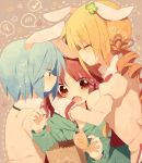  :&lt; :t animal_ears bad_id bag blonde_hair blue_eyes blue_hair blush bunny_ears clover drill_hair fang flower food four-leaf_clover girl_sandwich hair_ornament heart hetaling hug long_hair mahou_shoujo_madoka_magica miki_sayaka multiple_girls red_eyes red_hair redhead sakura_kyouko shin_(hetaling) spoken_blush spoken_heart squiggle star taiyaki tomoe_mami wagashi 