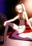  bare_shoulders bed black_legwear breasts expressionless grey_eyes grey_hair highres legs long_legs melty_blood official_art ponytail riesbyfe_stridberg shorts sideboob silver_hair sitting solo takeuchi_takashi tank_top thigh-highs thighhighs thighs tsukihime type-moon 