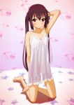  bad_feet barefoot black_hair face flat_chest k-on! kneeling long_hair nakano_azusa nightgown oku_no_shi red_eyes twintails 