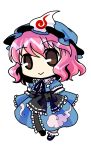  :&gt; blue_dress brown_eyes chibi dress hat highres pink_hair saigyouji_yuyuko sash short_hair smile socha solo touhou 