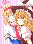  alice_margatroid ame_saki blonde_hair blue_eyes blush bow capelet hairband hat hat_bow kirisame_marisa long_hair multiple_girls short_hair smile touhou witch witch_hat yellow_eyes 