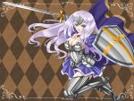  annelotte argyle argyle_background armor armored_dress blue_eyes boots breasts brown_background cape cleavage gauntlets inoino large_breasts legs long_hair open_mouth purple_hair queen&#039;s_blade queen&#039;s_blade_rebellion queen's_blade queen's_blade_rebellion shield sideboob smile sword thigh-highs thigh_boots thighhighs thighs tiara weapon 