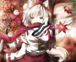  alternate_eye_color animal_ears autumn_leaves covering covering_face covering_mouth detached_sleeves floral_print forest grey_eyes hand_in_hair hat inubashiri_momiji nature red_scarf scarf shirt short_hair silver_eyes silver_hair skirt solo tail touhou tree umagenzin wind wolf_ears wolf_tail 