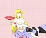  blonde_hair breasts breasts_on_head drunk horn hoshiguma_yuugi kita_(higan) lap_pillow long_hair morichika_rinnosuke touhou 