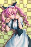  cat cat_ears cat_pose checkered checkered_background faris_nyannyan hashida_itaru maid_headdress masa0321 paw_pose pink_eyes pink_hair steins;gate waitress wink wristband 