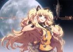  1girl animal_ears blonde_hair blue_eyes btoor microphone moon night night_sky open_mouth seeu skirt sky smile solo studio_microphone symbol-shaped_pupils thigh-highs thighhighs vocaloid 