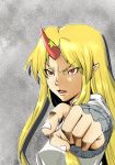  blonde_hair coolon cuffs face fang foreshortening hands horn hoshiguma_yuugi long_hair pointing pointy_ears red_eyes serious slit_pupils touhou 