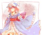  bad_id breasts butterfly ghost hat japanese_clothes obi pink_eyes pink_hair saigyouji_yuyuko smile solo touhou triangular_headpiece 