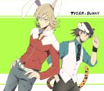  animal_ears bad_id barnaby_brooks_jr belt blonde_hair blue_eyes brown_eyes brown_hair bunny_ears cabbie_hat facial_hair glasses hands_on_hips hat jacket jewelry kaburagi_t_kotetsu male multiple_boys necklace necktie red_jacket short_hair stubble studded_belt tail tiger_&amp;_bunny tiger_ears tiger_tail vest waistcoat watch wristwatch yuzumame 