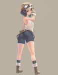  bike_shorts black_eyes black_hair boots brown_eyes cap from_behind gloves goggles halterneck hat looking_back mouth_hold original pantylines shorts simple_background solo standing tank_top weno 