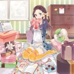  blue_eyes bow brown_hair calendar calendar_(object) camisole chest_of_drawers chocolate covering covering_face covering_mouth eihi gift hair_bow jacket long_hair original pencil pillow ribbon scissors sitting solo thigh-highs thighhighs valentine yellow_legwear 