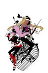  apple bike_shorts bird birdcage brown_hair cage creator_connection crossover food fruit hat long_hair mawaru_penguindrum michira_(3chira) multiple_girls pink_hair princess_of_the_crystal red_legwear shorts shoujo_kakumei_utena socks sword takakura_himari tenjou_utena weapon 