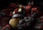  arm_blade axe blade blood blood_stain cape dual_wielding getter-1 getter_robo mecha no_humans oldschool solo super_robot tect torn_clothes weapon 
