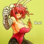  1girl alternate_costume animal_ears backless_outfit bandages bare_arms bare_shoulders black_legwear breasts bun_cover cleavage double_bun fake_animal_ears fighting_stance hair_bun ibaraki_kasen large_breasts leotard looking_at_viewer pantyhose pink_eyes pink_hair rabbit_ears sachito solo touhou 