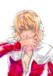  aqua_eyes barnaby_brooks_jr blonde_hair glasses jacket jewelry male mitsuka-0721 necklace red_jacket simple_background solo sweat tiger_&amp;_bunny white_background wiping_sweat 