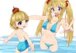  :d amatsuka_mari amatsuka_rikka ass baby_princess bikini blonde_hair blue_eyes breasts child hair_bobbles hair_ornament kusaka_souji looking_back marie_(baby_princess) multiple_girls navel one-piece_swimsuit open_mouth outstretched_arms rikka_(baby_princess) smile swimsuit twintails v wading 