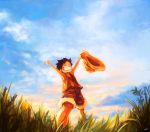  1boy blue_sky child closed_eyes cloud eyes_closed grass grin hat highres male monkey_d_luffy one_piece outdoors outstretched_arms plant scar short_hair shorts signature sky smile solo spread_arms standing straw_hat tsuyomaru young 