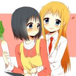  apron black_eyes black_hair blue_eyes blush daikon hakase_(nichijou) heart hug knife labcoat long_hair nichijou orange_(bibiko) orange_hair professor_shinonome shinonome_nano short_hair yuri 