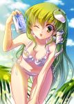  bikini blush brand_name_imitation breasts frog frog_hair_ornament green_eyes green_hair hair_ornament hair_tubes kochiya_sanae leaning_forward long_hair navel open_mouth pocari_sweat s-yin side-tie_bikini smile snake solo sparkle sunlight swimsuit touhou white_swimsuit wink 