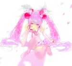  alternate_color alternate_hair_color bare_shoulders bridal_gauntlets cherry_blossoms flower hair_bobbles hair_ornament hatsune_miku headset long_hair meroro object_namesake pink_eyes pink_hair sakura_miku smile solo thigh-highs thighhighs twintails very_long_hair vocaloid 