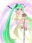  aqua_eyes aqua_hair breasts cleavage dress earmuffs elbow_gloves gimunema gloves hair_ornament hatsune_miku long_hair microphone microphone_stand puffy_sleeves singing solo very_long_hair vocaloid white_gloves 