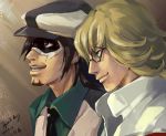  barnaby_brooks_jr blonde_hair brown_eyes brown_hair cabbie_hat facial_hair glasses green_eyes hat jacket kaburagi_t_kotetsu male mask multiple_boys necktie red_jacket shinhome short_hair signature stubble tiger_&amp;_bunny vest waistcoat 