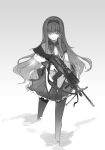  akemi_homura gun hairband highres long_hair m249 machine_gun magical_girl mahou_shoujo_madoka_magica monochrome pantyhose pleated_skirt ribbon sakura_sora skirt smoke solo trigger_discipline weapon 