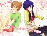  blue_eyes blue_hair book brown_hair cellphone inazuma_eleven inazuma_eleven_(series) inazuma_eleven_go matsukaze_tenma multiple_boys pen phone short_hair tsurugi_kyousuke yellow_eyes yy888s 