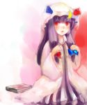  absurdres bad_id hair_ribbon hat highres kneeling lips long_hair maccha_cocoa patchouli_knowledge purple_hair ribbon solo touhou 
