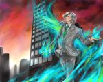  blue_flame fire formal green_fire green_flame grey_hair hair_ornament hairclip lips long_hair male necktie pale_skin ponytail pyrokinesis suit tiger_&amp;_bunny yuri_petrov 
