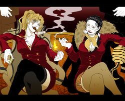  balalaika biliken black_hair black_lagoon blonde_hair blue_eyes breasts cigar crocodile crossover genderswap highres hook_hand large_breasts legs long_hair multiple_girls one_piece ponytail scar short_hair sir_crocodile sitting smile smoke smoking thighhighs yellow_eyes 