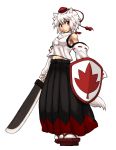  animal_ears atomic-ray detached_sleeves geta hat inubashiri_momiji leaf looking_at_viewer navel red_eyes shield short_hair simple_background skirt solo standing sword tail tokin_hat touhou weapon white_hair wolf_ears wolf_tail 