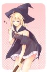  blonde_hair blue_eyes broom frills hair_ornament hairclip hat heart kagamine_rin kijikko kojiki pleated_dress short_dress short_hair smile solo vocaloid witch witch_hat 