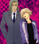  :p blonde_hair formal green_eyes grey_hair hideko4549 ivan_karelin jacket letterman_jacket long_hair male multiple_boys necktie purple_eyes purple_jacket short_hair silver_hair suit tiger_&amp;_bunny tongue violet_eyes yuri_petrov 