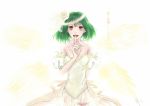  detached_sleeves dress finger_to_mouth green_hair macross macross_frontier melody_mi1112 puffy_sleeves ranka_lee red_eyes short_hair solo strapless_dress translated 