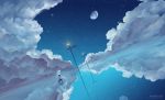  1boy artist_name bear black_hair clouds dutch_angle horizon kklaji008 lantern moon night night_sky original pointing polar_bear power_lines reflection scenery short_hair sitting sky star_(sky) starry_sky surreal telephone_pole watermark 