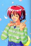  90s ;d blue_eyes happy headphones hinomoto_hikari kokura_masashi konami mole official_art open_mouth petals pointing red_hair redhead scan shirt short_hair simple_background smile solo tokimeki_memorial tokimeki_memorial_2 wink 