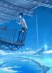  black_legwear blue_eyes blue_hair cellphone cloud floating_island glasses highres landscape loafers looking_at_viewer mountain original phone railing scenery shoes sky solo standing sweater_vest thigh-highs thighhighs zettai_ryouiki 