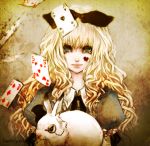  alice_(wonderland) alice_in_wonderland bangs blonde_hair blue_eyes blunt_bangs bow bunny card cards curly_hair eyelashes facial_mark falling_card hachiyuki hair_bow hair_ribbon hat heart light_smile lips long_hair looking_at_viewer monocle playing_card puffy_sleeves rabbit ribbon solo top_hat wavy_hair 