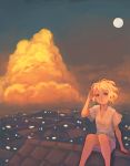  blue_eyes cityscape cloud lowres original rooftop sitting solo sunset weno weno's_blonde_original_character 