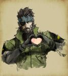  bandana bandanna beard big_boss blue_eyes brown_hair eyepatch facial_hair heart heart_hands ikuyoan male metal_gear metal_gear_solid_3 moe_moe_kyun! naked_snake solo 