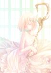  bare_shoulders bow closed_eyes collarbone dress eyes_closed flower hair_flower hair_ornament head_tilt highres large_bow light original pink pink_hair short_hair solo staff window 