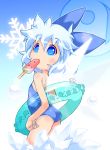  blue_eyes blue_hair blush bow cirno hair_bow highres ice innertube kuroneko_(kuroneko_works) mouth_hold one-piece_swimsuit popsicle snowflakes solo swimsuit touhou wings 