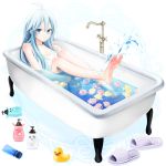  barefoot bathtub blue_eyes blue_hair bottle denpa_onna_to_seishun_otoko feet flower long_hair pikako rubber_duck slip slippers soles solo splash splashing toes touwa_erio 