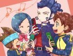  blue_eyes blue_hair bracelet brown_hair cellphone cellphone_charm cloak inazuma_eleven inazuma_eleven_(series) inazuma_eleven_go jewelry jjjjjj matsukaze_tenma multiple_boys nishizono_shinsuke open_mouth phone short_hair sorano_aoi spiked_bracelet spikes tsurugi_kyousuke yellow_eyes 