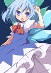  9law :o blue_dress blue_eyes blue_hair bow bowtie cirno dress hair_bow hazumi_miruku index_finger_raised looking_at_viewer open_mouth pointing pointing_up purple_eyes raised_finger short_hair solo sparkle tohou touhou tsurime wings 
