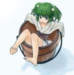  barefoot blush bucket feet girl_in_bucket green_eyes green_hair hair_bobbles hair_ornament in_bucket in_container japanese_clothes kisume obi open_mouth shiba_itsuki short_hair simple_background solo toes touhou twintails white_background 