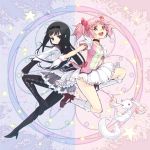  akemi_homura black_hair black_legwear blue_eyes bobby_socks choker footwear gloves hairband kaname_madoka kyubey long_hair maeda_risou magical_girl mahou_shoujo_madoka_magica multiple_girls open_mouth pantyhose pink_eyes pink_hair risoumaeda short_twintails skirt smile socks star twintails 